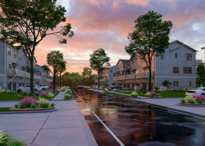 Sunset conceptual rendering of the Daniel's Orchard townhome streetscape