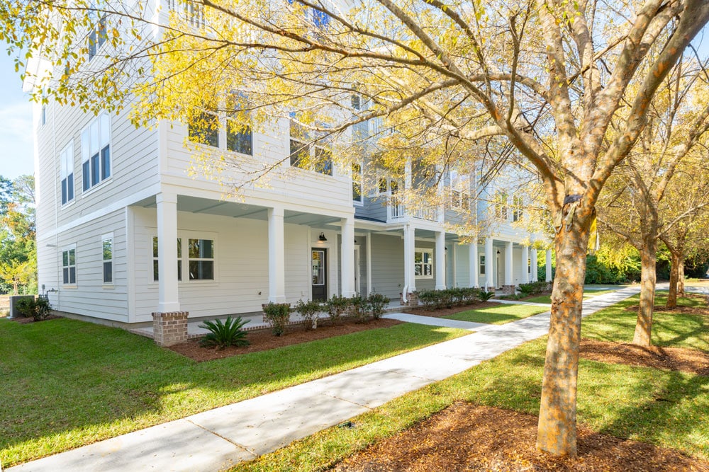 Daniel's Orchard townhome streetscape and tree-lined sidewalk in Summerville, SC